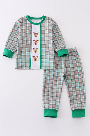 Green plaid christmas deer embroidery boy pajamas set