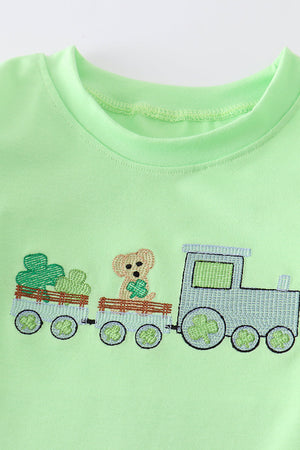 Green train clover embroidery boy set