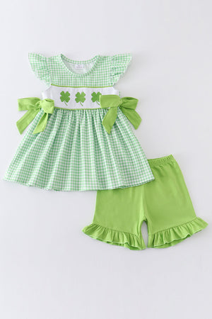Green clovers embroidery plaid girl set