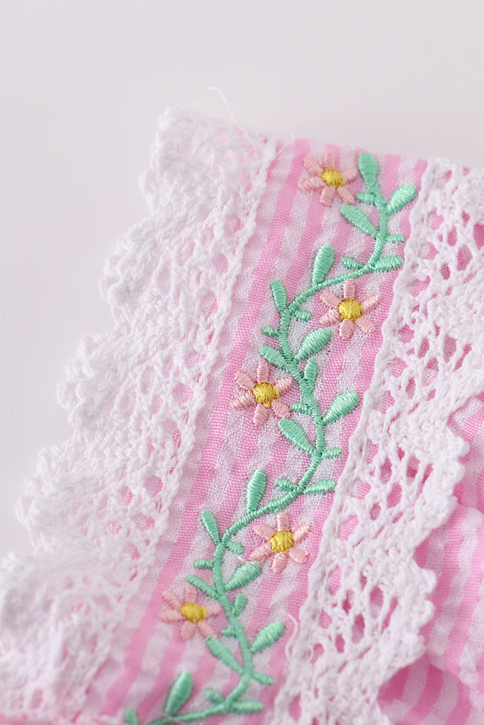 Pink stripe seersucker floral embroidery dress