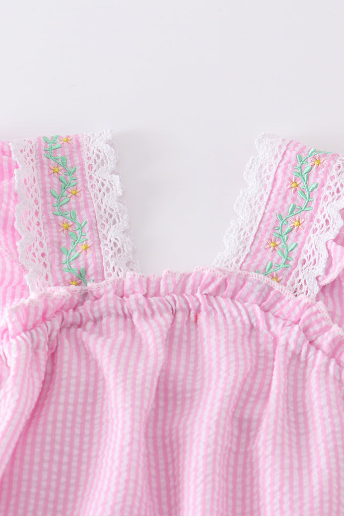Pink stripe seersucker floral embroidery girl set