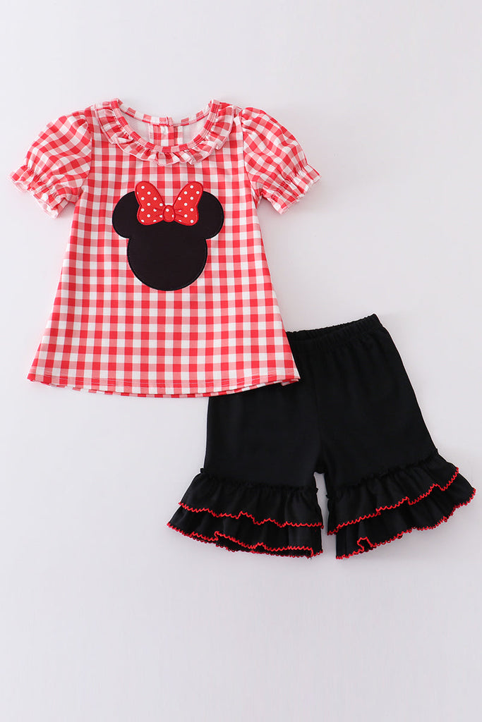 Red plaid character applique girl set