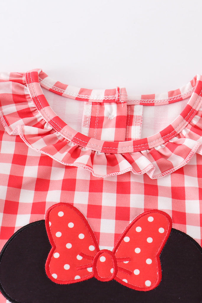 Red plaid character applique girl set