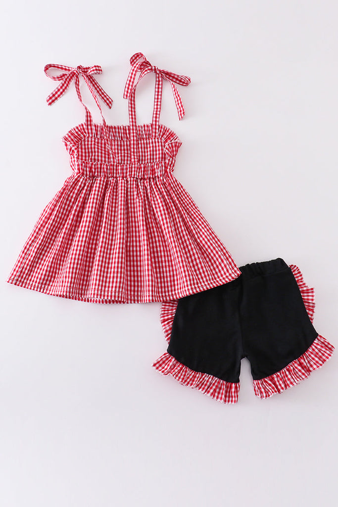 Red plaid character embroidery girl set