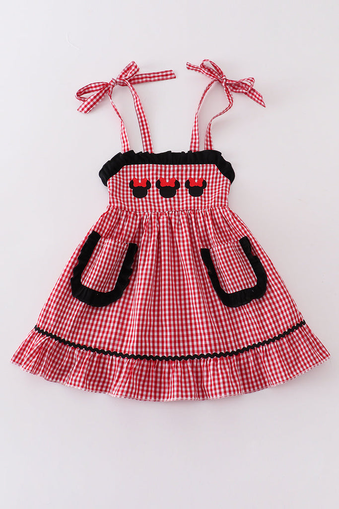 Red plaid character embroidery dress