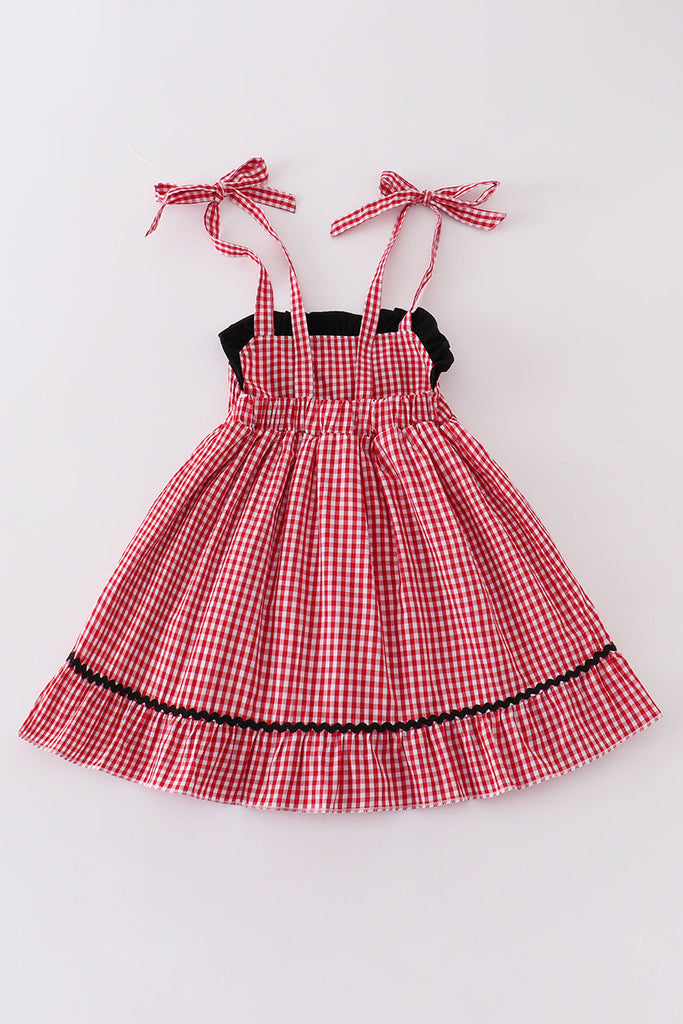 Red plaid character embroidery dress