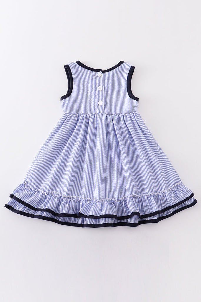 Blue stripe seersucker baseball embroidery dress
