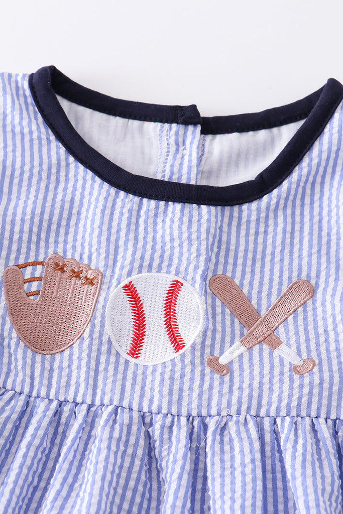 Blue stripe seersucker baseball embroidery girl set