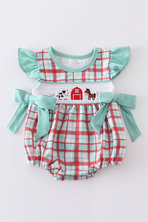 Mint plaid farm embroidery smocked girl bubble