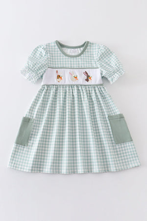 Green plaid bunny embroidery dress