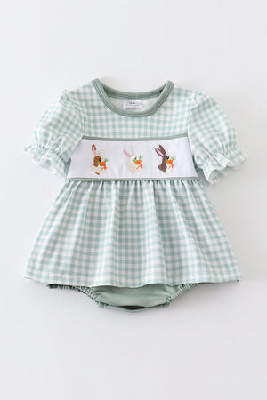 Green plaid bunny embroidery girl bubble