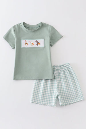 Green plaid bunny embroidery boy set