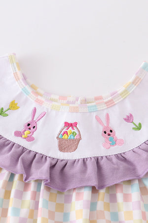 Purple easter bunny embroidery plaid dress