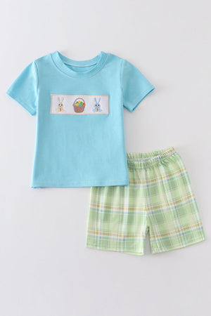 Blue easter bunny embroidery boy set