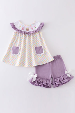 Purple easter bunny embroidery plaid girl set