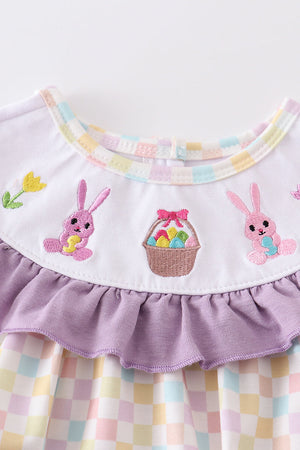 Purple easter bunny embroidery plaid girl bubble