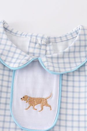 Blue plaid dog embroidery boy set