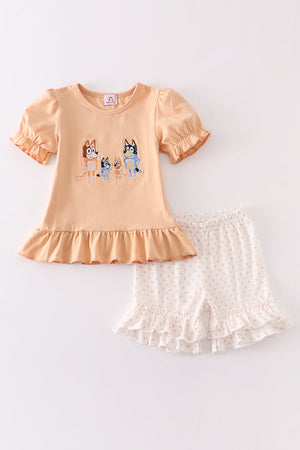 Coral bluey embroidery ruffle girl set