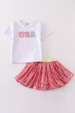 Pink sequin USA french knot dress set