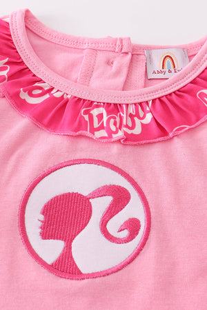 Pink barbie embroidery print girl set