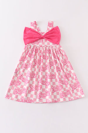 Pink barbie print bow girl dress