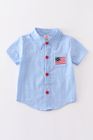Blue Patriotic flag embroidery swiss dot boy shirt