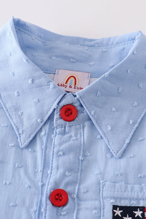 Blue Patriotic flag embroidery swiss dot boy shirt