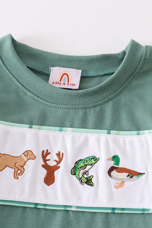 Green go hunting embroidery plaid boy set