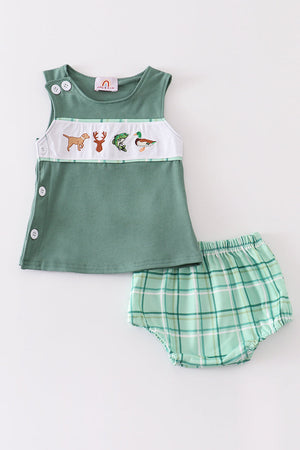 Green go hunting embroidery plaid baby set