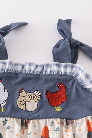 Navy chicken embroidery baby girl romper