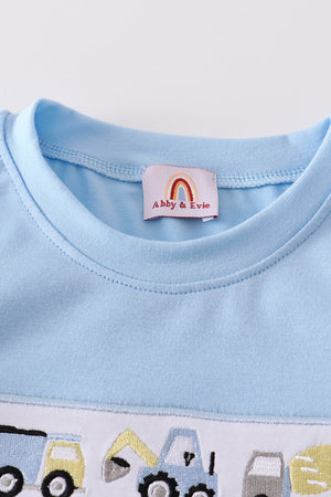 Blue excavator embroidery boy top