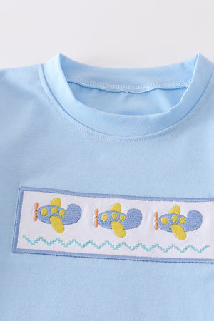 Blue plane embroidery plaid boy set