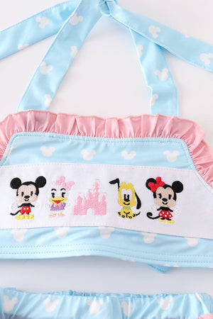 Blue character castle embroidery 2pc girl swimsuit