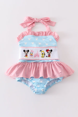 Blue character castle embroidery one piece girl swimsuit