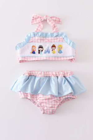 Pink plaid princess embroidery 2pc girl swimsuit