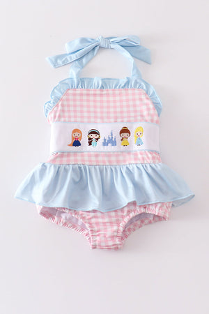 Pink plaid princess embroidery one piece girl swimsuit
