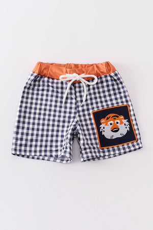 Auburn tiger embroidery plaid boy swim trunks