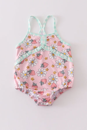 Pink floral strawberry print one-piece girl swimsuit