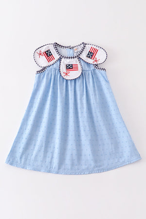 Blue patriotic flag embroidery swiss dot dress