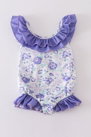 Purple floral print one-piece girl swimsuit