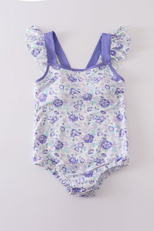 Purple floral print women one-piece swimsuit