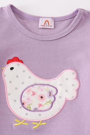Purple floral print chicken applique girl set