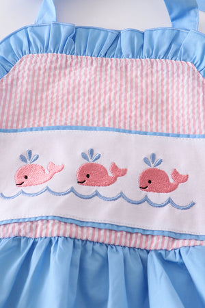 Pink seersucker whale embroidery one-piece swimsuit
