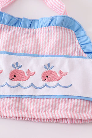 Pink seersucker whale embroidery 2pc girl swimsuit
