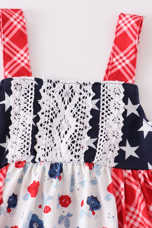 Patriotic floral plaid lace smocked dress