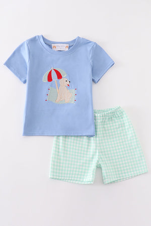Blue beach puppy embroidery boy set