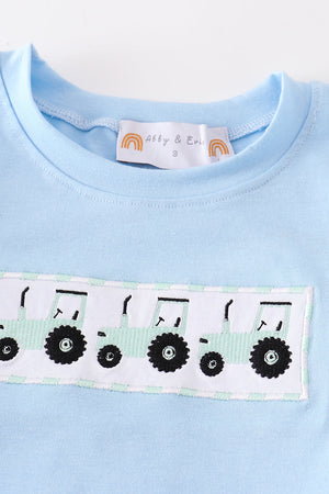 Blue tractor embroidery boy set