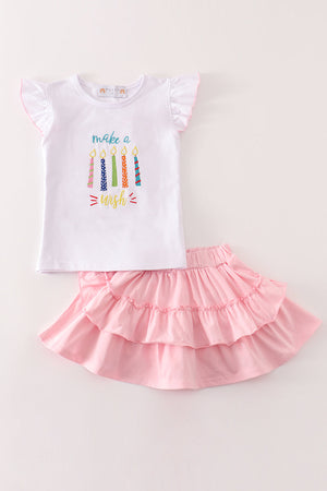 Pink happy birthday embroidery skort set