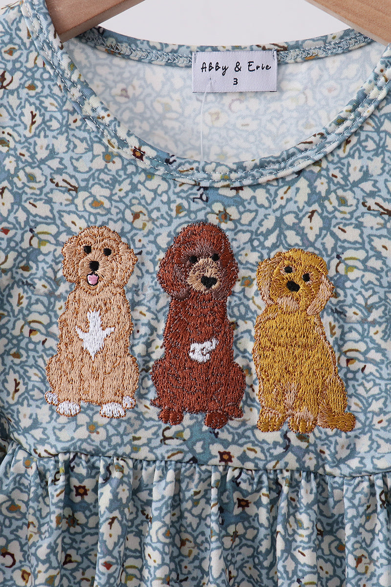 Floral puppy embroidery ruffle shorts set