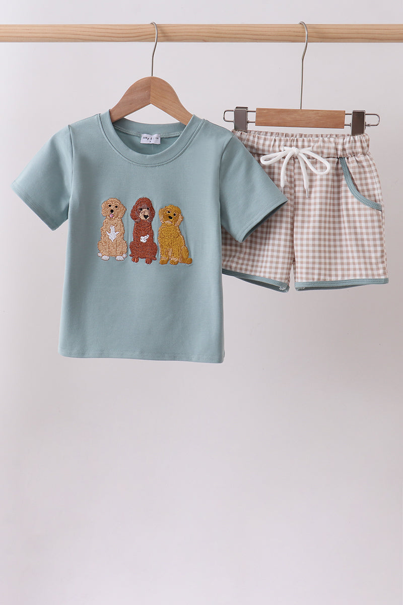 Blue gray Puppy embroidery shorts set